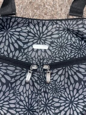Baggallini Black Tote with Light Gray Floral Print
